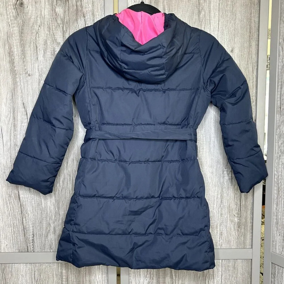 Crewcuts Girls Puffer Jacket Navy and Pink Hooded Long Pockets Size 8 - Picture 7 of 8